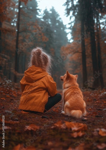 girl in yellow jacket with dog in autumn forest