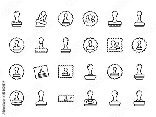 Bundle of Rubber Stamp Silhouettes in Line Style on White Background – Official Seal, Approval, Certification, and Postage Stamp Icons Collection