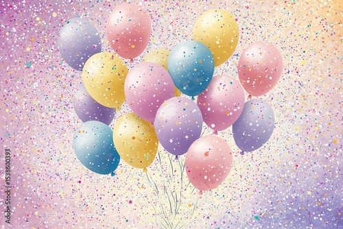 Colorful pastel balloons floating with glitter confetti on vibrant gradient background evoking joyful celebration and festive happiness for party and event themes