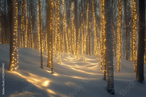Winter forest illuminated by golden fairy lights wrapped around snowy trees creating a magical, festive, and enchanting atmosphere