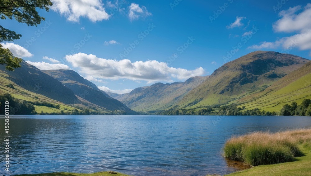 Naklejka premium A panoramic scene overlooking a tranquil lake in a scenic mountainous region.