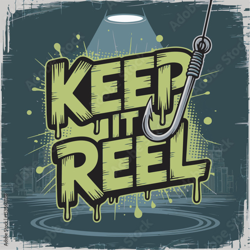 Lime Green Keep It Reel Text Logo Design with Fishing Hook and Dark Gray Urban Background Spotlight