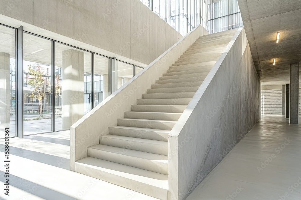 Obraz premium Minimalist staircase in modern architecture with concrete surfaces and natural light symbolizing simplicity, design, and contemporary spatial elegance