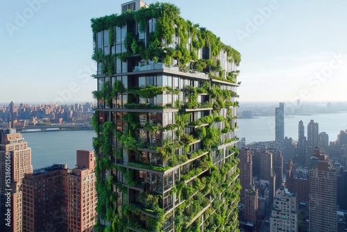 Modern skyscraper covered in lush green plants representing sustainable architecture, urban greening, and eco-friendly living in a city skyline setting photo