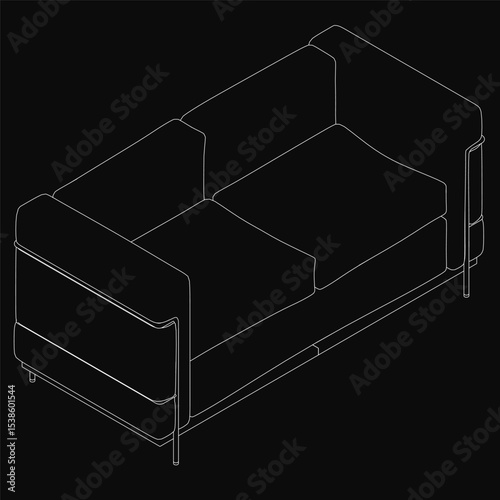 Modern three-seater sofa with a sleek, curved back and armrests, upholstered in neutral fabric. The black background highlights its contemporary design, and visible dimensions emphasize clean lines.