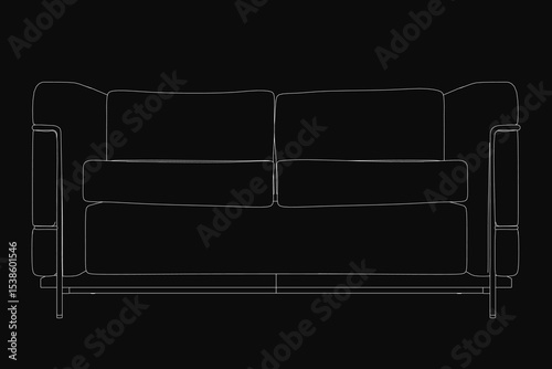 Modern three-seater sofa with a sleek, curved back and armrests, upholstered in neutral fabric. The detailed line drawing highlights the cushions, arms, and tapered legs against a black background.