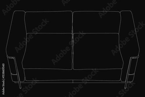 Two-seater sofa line drawing with crisp white outline on a black background, featuring clean and minimalist design. The simple yet elegant illustration highlights the sofa's shape and structure.
