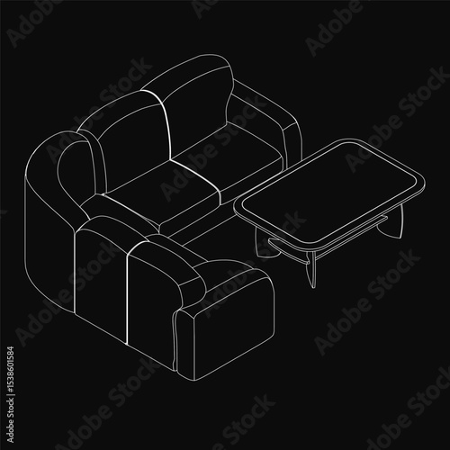 A black and white line drawing of a two-seater sofa with clean, modern lines, paired with a simple coffee table. The minimalist design stands out against a solid black background, ideal for interior.