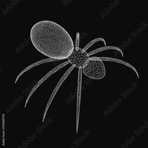 A wireframe spider with intricate details stands out against a black background, featuring eight long legs, a webbed body, large round eyes, and thin antennae.