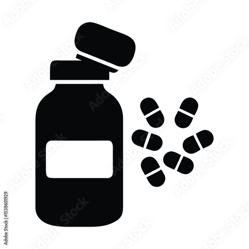 Pill bottle icon with medicine capsules,healthcare and pharmaceutical concept,black and white