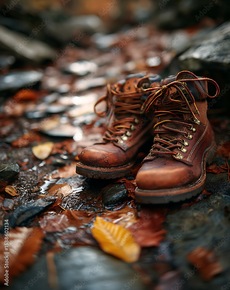 Brown Leather Hiking Boots on Wet Rocks Surrounded by Autumn Leaves Brown Leather Hiking Boots on Wet Rocks Surrounded by Autumn Leaves