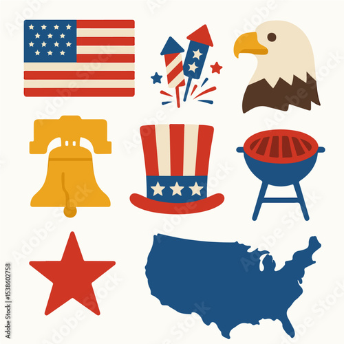 A collection of classic Fourth of July icons in a flat design style perfect for festive celebrations, website graphics, or print projects.  Download now for instant use.
