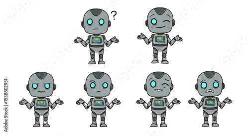 Cartoon robot expressing different emotions and poses isolated PNG with Transparent Background