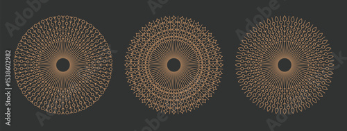 Thin line gold elegant bohemian celestial suns round shapes. Trendy beautiful lattice circle vector background