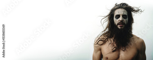 wild-eyed shirtless man with long hair and white and black makeup staring intensely