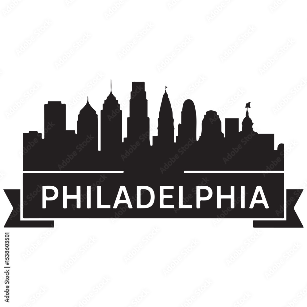 Naklejka premium Vector Philadelphia skyline. Travel Philadelphia famous landmarks. Business and tourism concept for presentation, banner, web site. Vector black silhouette. with white background