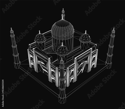 A 3D model of a mosque featuring a prominent dome, designed in a style reminiscent of the Taj Mahal, set against a dark background for contrast.