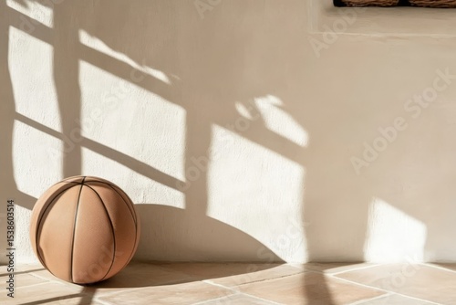 Basketball in sunlit room with soft shadows on wall tiles