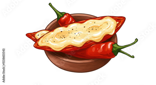 Red peppers stuffed with creamy cheese in a rustic bowl isolated PNG with Transparent Background