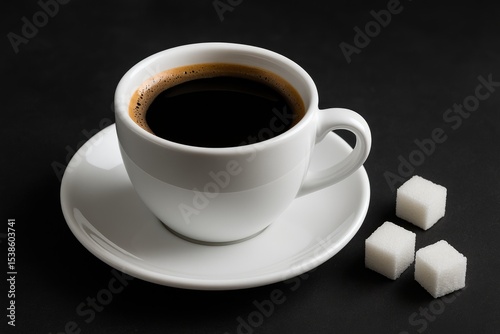 A white mug filled with black coffee alongside sugar cubes against a dark surface