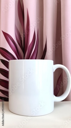 Large white mug with leaf pattern on pink background in minimalist setting