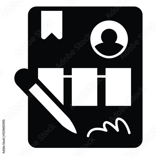 Candidate paper solid icon, design recruitment concept. Vector graphics. Recommendation letter with signature and pen sign on white background, style mobile or design.