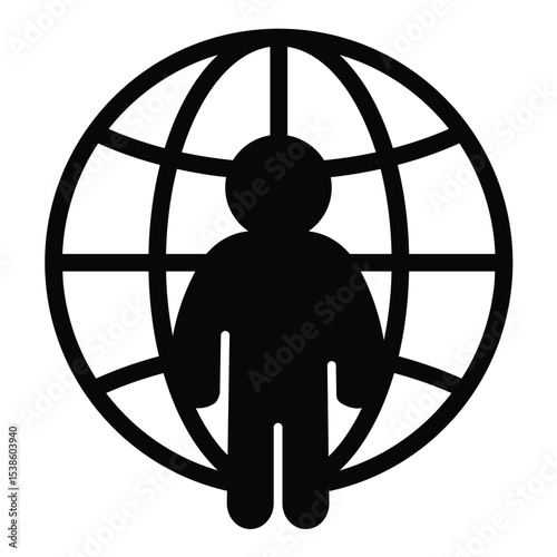 Freelancer man at world globe solid icon, design recruitment concept. Vector graphics. Remote worker man, human recourse sign on white background, style mobile or design.