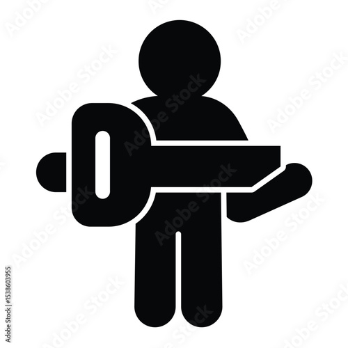 Man with big key solid icon, design recruitment concept. Vector graphics. Key with famous person, human recourse sign on white background, style mobile or design.