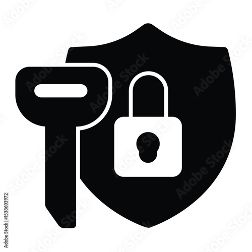 Key and safety emblem with lock solid icon, design recruitment concept. Vector graphics. Large key with defense shield sign on white background, style mobile or design.