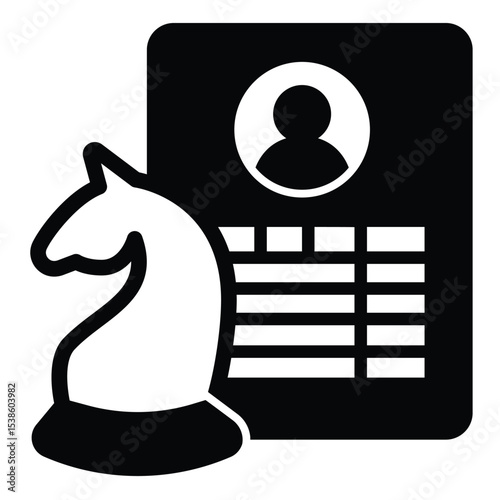 Candidate profile with photo and chess horse solid icon, design recruitment concept. Vector graphics. Application form sign on white background, style mobile or design.