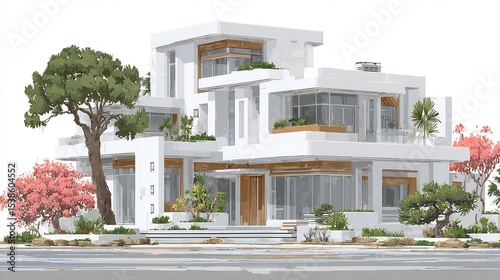 Modern Architectural Design: Luxurious White House with Lush Greenery