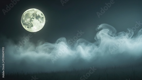 Full moon casting light on a wooden floor with a frame amid mysterious fog, resembling a stage for Halloween night, spooky background banner concept with space for party event details