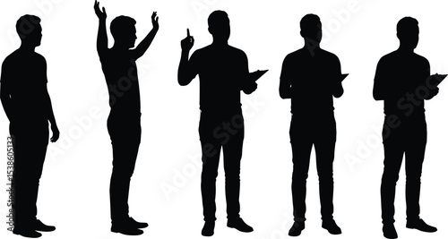 Silhouetted male figure collection showcasing various body language poses, from standing to gesturing with arms and holding a clipboard, ideal for business, communication, or presentation stock images