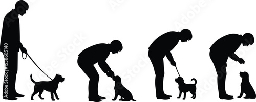 Vector silhouette illustration of a woman walking a dog with a child