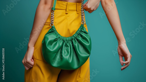 Summer fashion details: trendy green faux leather bag, handbag with chunky chain in stylish women's outfit. Copy, empty space for text