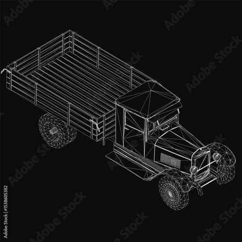 Vintage 3D truck model with a trailer, rendered realistically on a black background. Detailed headlights, chrome grille, and textured wheels enhance the classic design.