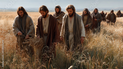 A group of men in ancient Hebrew garments walking through a golden wheat field under a clear sky. One of them, Jesus, is distinguished by calm presence and slightly radiant lighting.