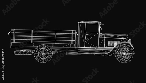 Vintage truck with a black trailer stands on a dark background, featuring a detailed 3D model with chrome headlights, a bold grille, and textured wheels.