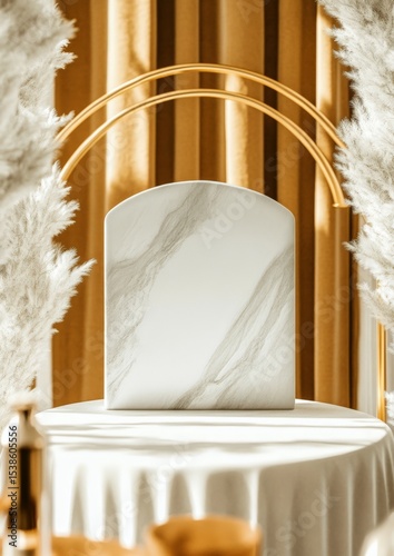 Elegant marble slab on display with golden arch in soft light