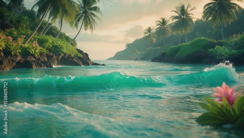 Fototapeta Naklejka Na Ścianę i Meble -  A tranquil tropical beach at sunset featuring palm trees, calm waves, and a rocky shoreline. The warm golden light boosts the idyllic island atmosphere ideal for travel and relaxation in Maldives.