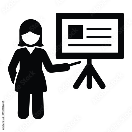 Woman presenting information on presentation board in business meeting graphic icon