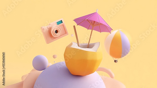 Summer Vacation Getaway A Tropical Coconut Drink Retro Camera and Beach Ball in a Pastel Paradise for Fun Travel and