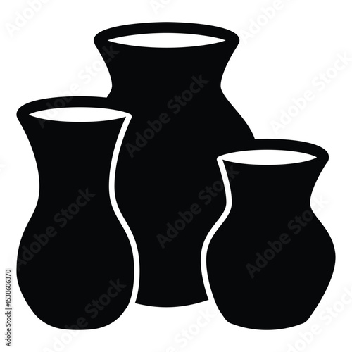 Clay vases solid icon, pottery making concept. Vector graphics. Different sizes jugs, fragile items sign on white background, style mobile or design.