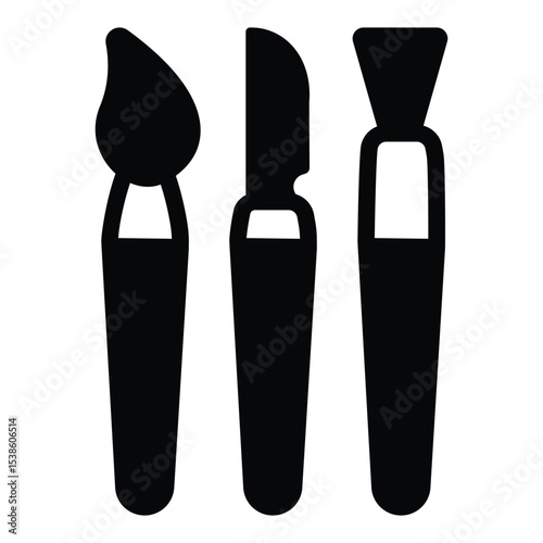 Scoop tool and brushes solid icon, pottery making concept. Vector graphics. Set of tools for working with clay sign on white background, style mobile or design.