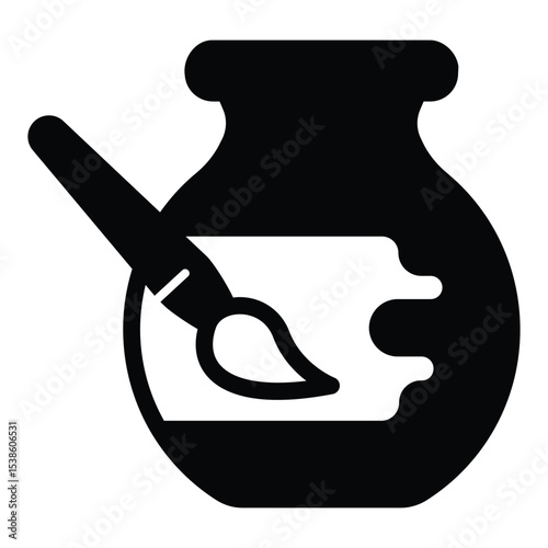 Clay jug and paint with brush solid icon, pottery making concept. Vector graphics. Artistic painting for clay product sign on white background, style mobile or design.