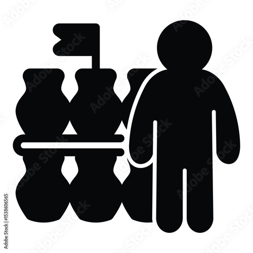 Seller man with jugs and flag solid icon, pottery making concept. Vector graphics. Human with tableware shelf sign on white background, style mobile or design.