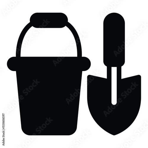 Sapper shovel with bucket solid icon, construction concept. Vector graphics. Shovel and sand bucket sign on white background, style mobile or design.