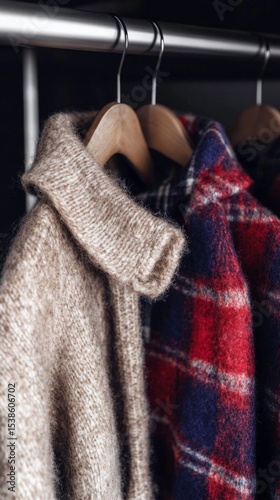 Cozy flannel and woolen jackets hanging on wooden hangers in closet