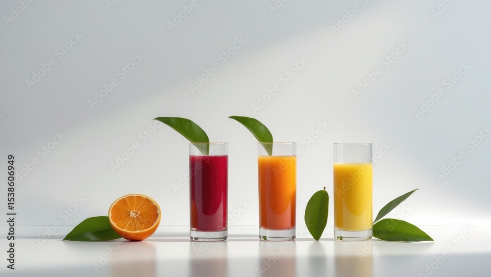 Fototapeta premium Glasses of juice and leaves isolated on white background.