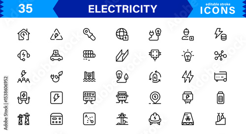 Electricity Icon Collection with Power, Energy, Electrical Equipment, Circuit, and Renewable Energy Symbols in a Simple, Marketable Design